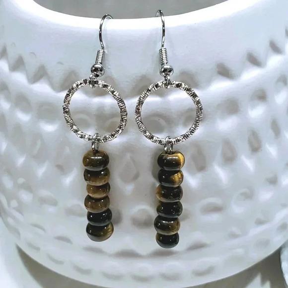 Tigers Eye Gemstone Rondelle Beads Textured Silver Ring Handcrafted Earrings - Picture 1 of 11